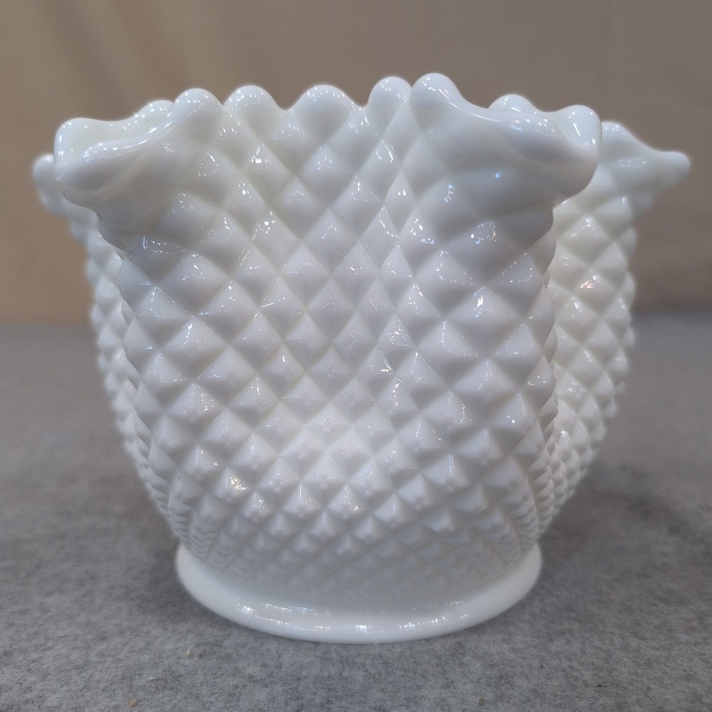 Vintage White Milk Glass Hobnail Ruffled Rim Vase Mid Century Decor - Picture 3 of 7